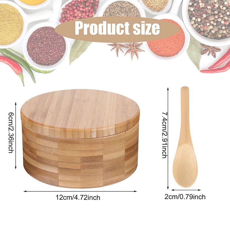 Compartment Bamboo Salt Pepper Box with Magnetic Swivel Lids and 2 Pieces Mini Bamboo Spoons for Kitchen Tool