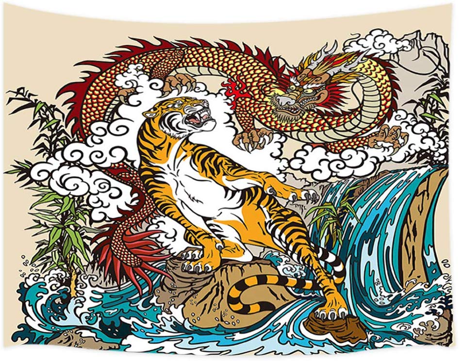 Chinese Dragon En Tiger In De Landschap Met Waterval Wandtapijt