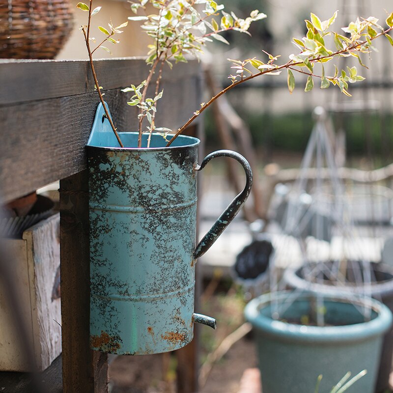 special retro rustic blue metal wall hanging planter pot