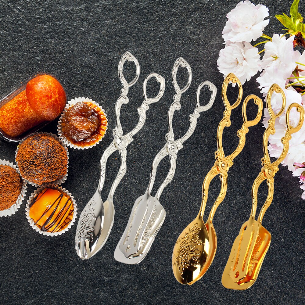 Pinza chapada en oro de estilo Vintage para comida de Buffet, herramienta para hornear barbacoa, pinza de pastelería, ensalada de frutas y pastel