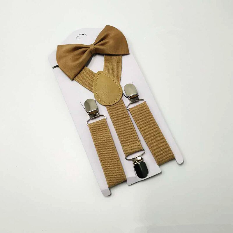 Einfarbig Kinder Gürtel Bowtie Set Baby Jungen Mädchen Hosenträger Clip-on Y-Back Hosenträger Fliege Elastische kid Einstellbare Fliege Set: khaki