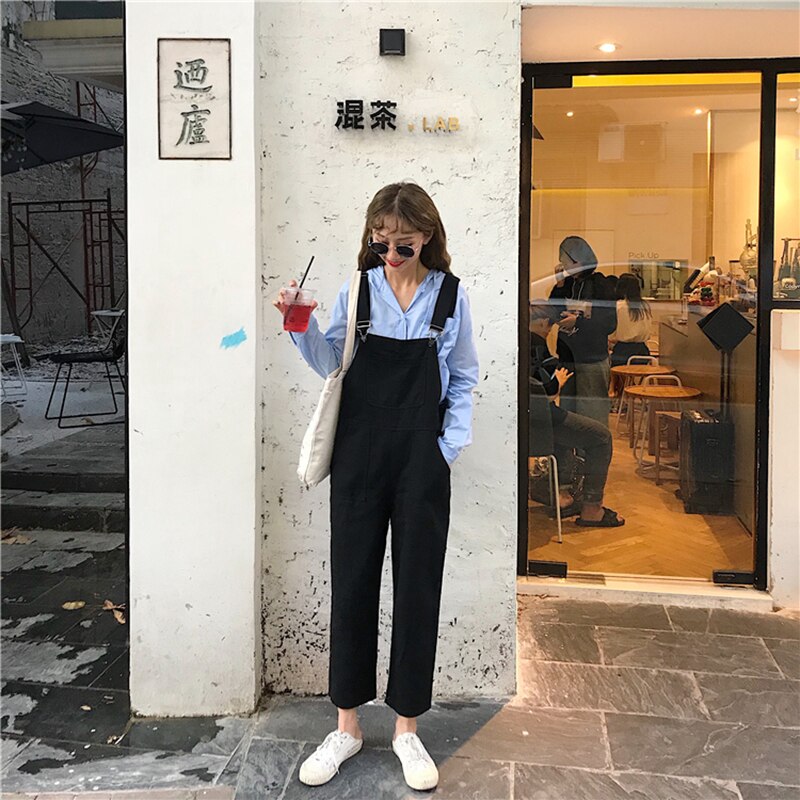 Kvinder retro overalls koreansk street style ren sort vild løs kæreste denim overalls ni point brede ben bukser college