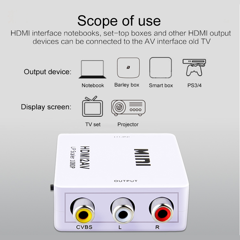 Mini Hdmi Naar Av Scaler Adapter Hd Video Converter Box Hdmi Naar Rca Av/Cvsb L/R Video 1080P HDMI2AV Ondersteuning Ntsc/Pal