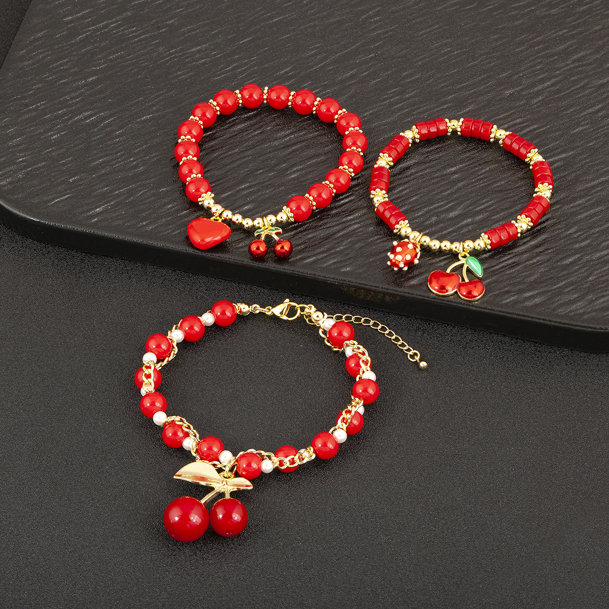 Nidin moda cereja forma coração contas vermelhas corrente pulseira para mulher 3 estilos escolha diariamente versátil jóias acessórios presentes