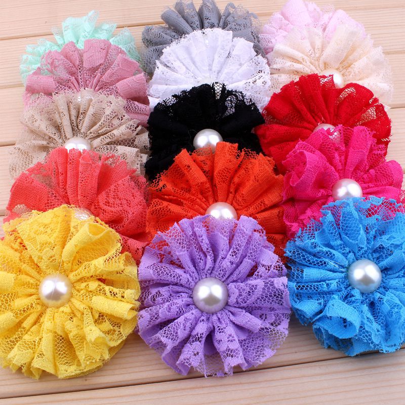 5 teile/los 7 cm 15 farben Ausgefranste Mesh Spitze Blumen Mit Perle Für Haar Zubehör Shabby Künstliche Stoff Blumen Für stirnbänder