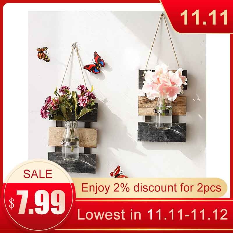 Jarrón de cristal original para plantas, colgante de pared de madera Pastoral, arreglo de flores, decoración de luz, sala de estar o comedor jarrón de vidrio para, madera