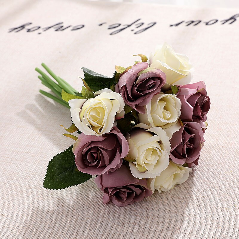 12 hoveder kunstig silke rose blomster buket hvid pink rød til bryllup brude fest hjem hus have festival bar dekoration: H07