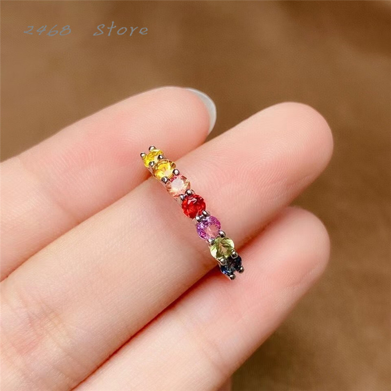 The 925 silver inlaid natural colored sapphire ring, rainbow color, exquisite small row ring, fashionable and versatile