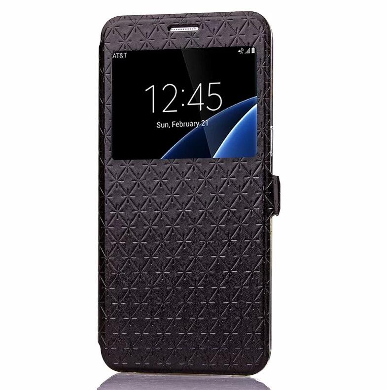 Cover Phone Case For Samsung Galaxy s7 edge SM G9350 Flip PU Leather tpu Shell S7 G9300 Rhombus Holster Bag Window Stand: For Samsung S7 / Black