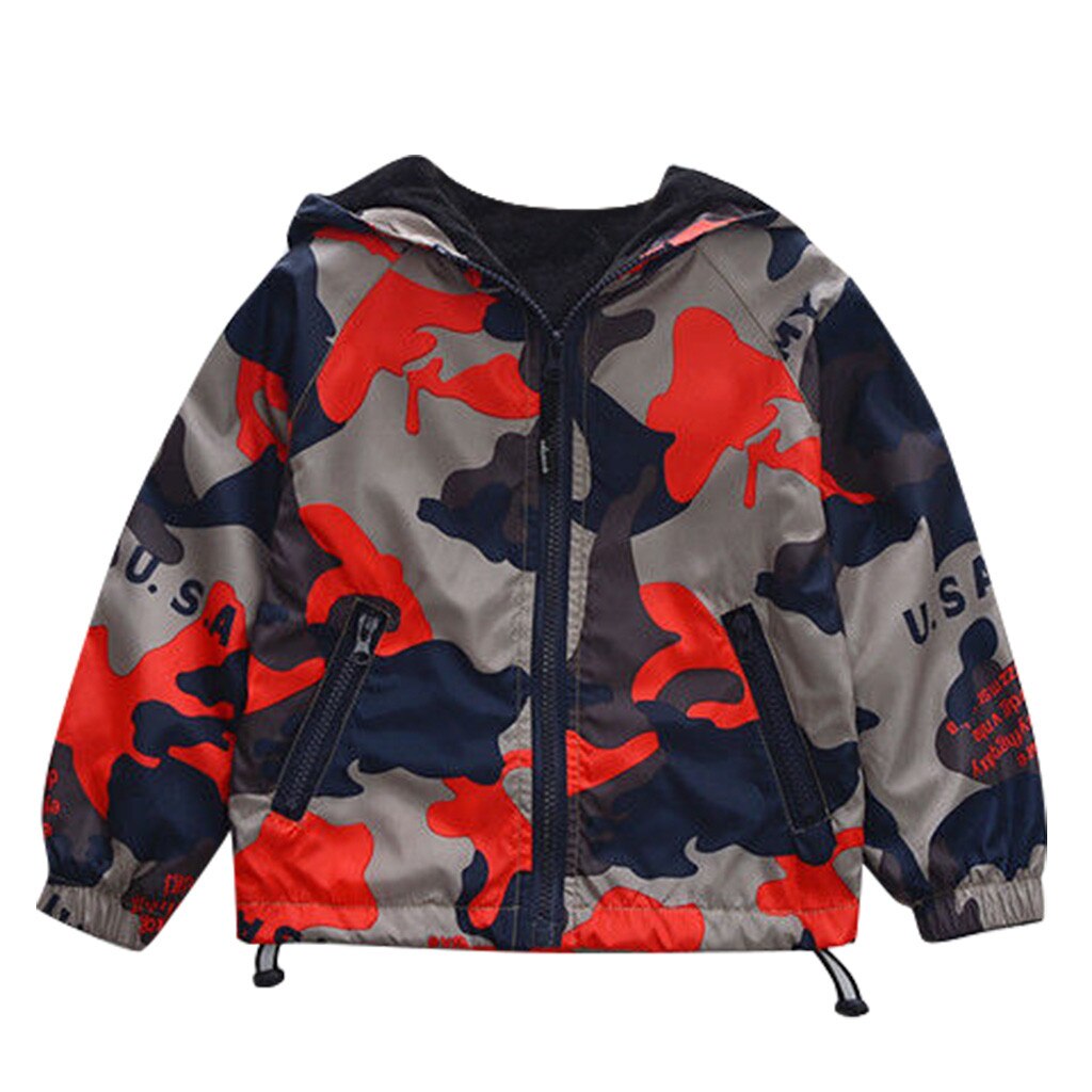 Chaqueta de camuflaje para niños pequeños, rompevientos con capucha, forro polar cálido para bebés, ropa de , prendas de vestir exteriores para 1-6T: Rojo / 5 años