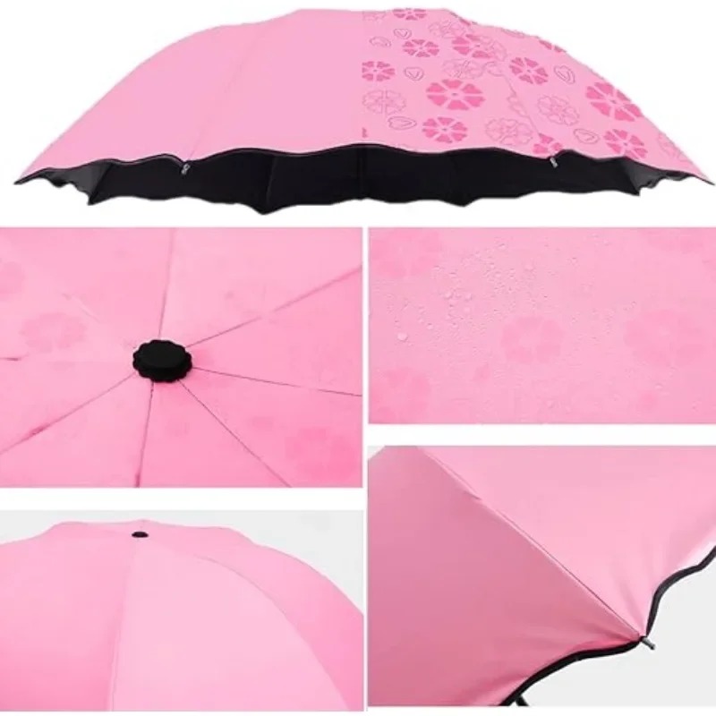 Paraguas para incubar agua, marco de sombrilla de mano, paraguas de viaje para lluvia, protección UV de 3 pliegues, paraguas que cambia de Color