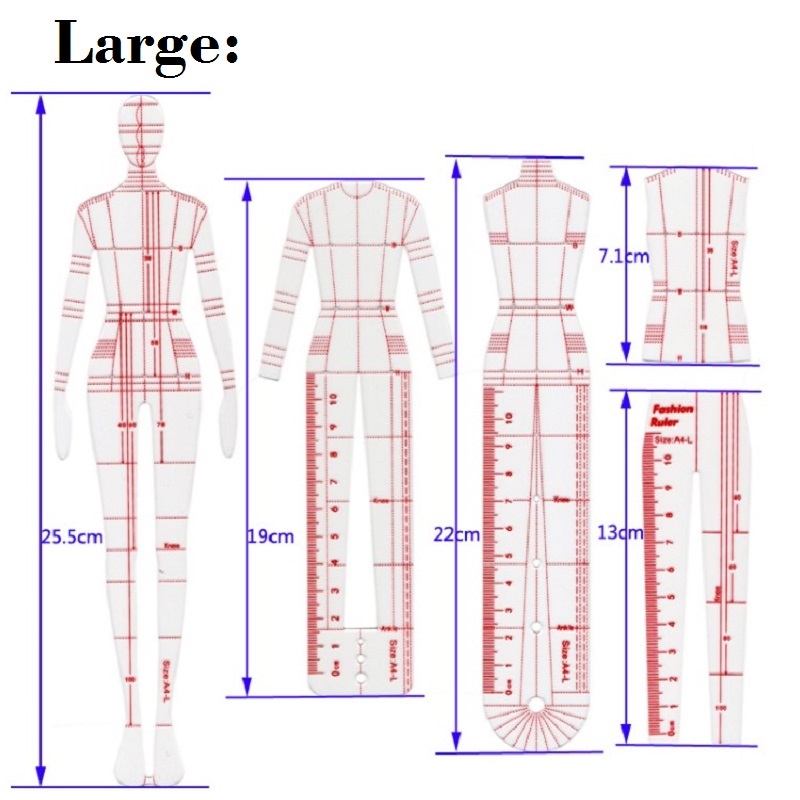 Tøjstil tegning skabelon lineal model lineal skole æstetisk syning patchwork linealer fremragende seje linjer: Stor 25cm