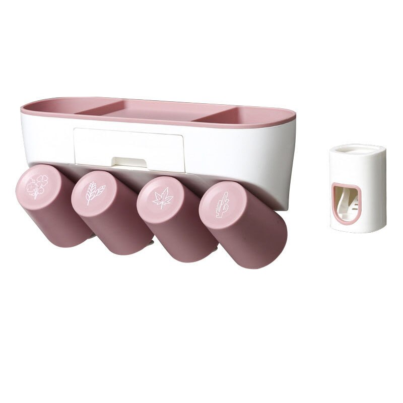 Punch-free Toothbrush Rack Porous Upside-down Draining Storage Box Toothpaste Squeezer Dispenser Bathroom Accessories: 4 cups set P