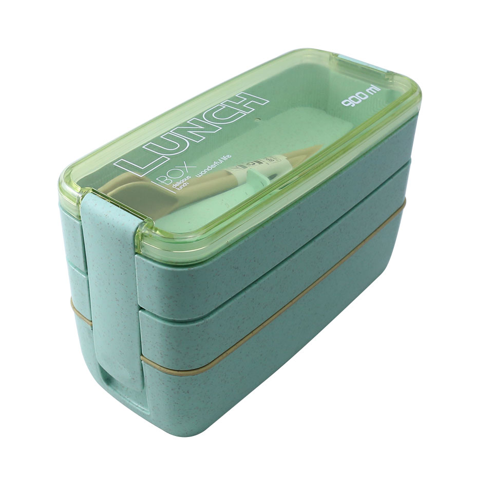 900ml 3 Layers Bento Box Eco-Friendly Lunch Box Food Container Wheat Straw Material Microwavable Dinnerware Lunchbox: 3c Green