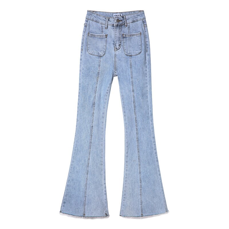 Blue Bell Bottom Jeans Women Personality Pocket Patchwork High Waist Wide Leg Jeans Y2k Stretch Skinny Denim Flare Pants