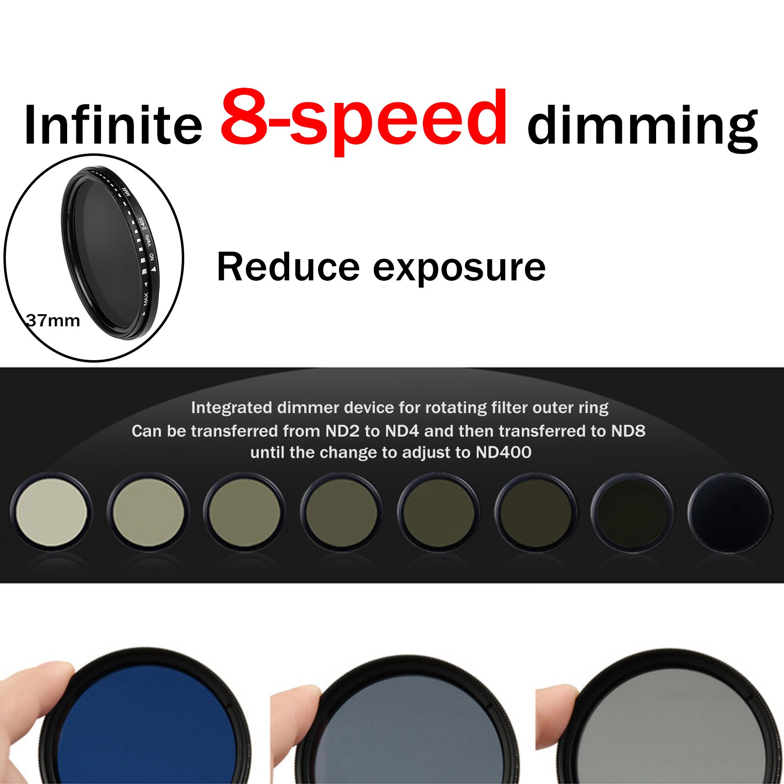ND2-400 Neutral Density Fader Variable Adjustable ND Filter Optical Glass Lens Filter 37-82mm for Nikon Canon Astronomical Acces