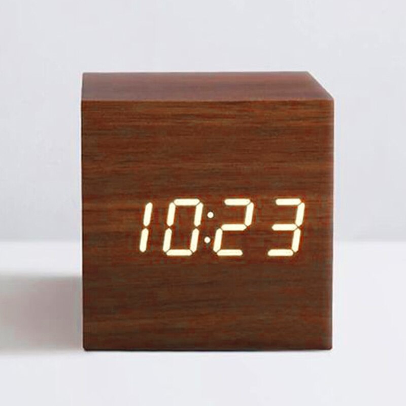 1PC Modern Wooden Cube USB Voice Digital Alarm Clock Digital Alarm LED Display Despertador Luminous Control Clock: 13