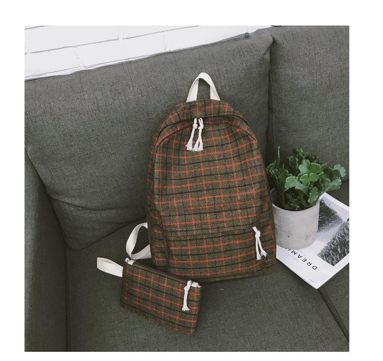 2set Plaid pattern Backpack Canvas Women Shoulder Bag Teenager Girl School Backpack Female Mochilas Bagpack: Brown 2set