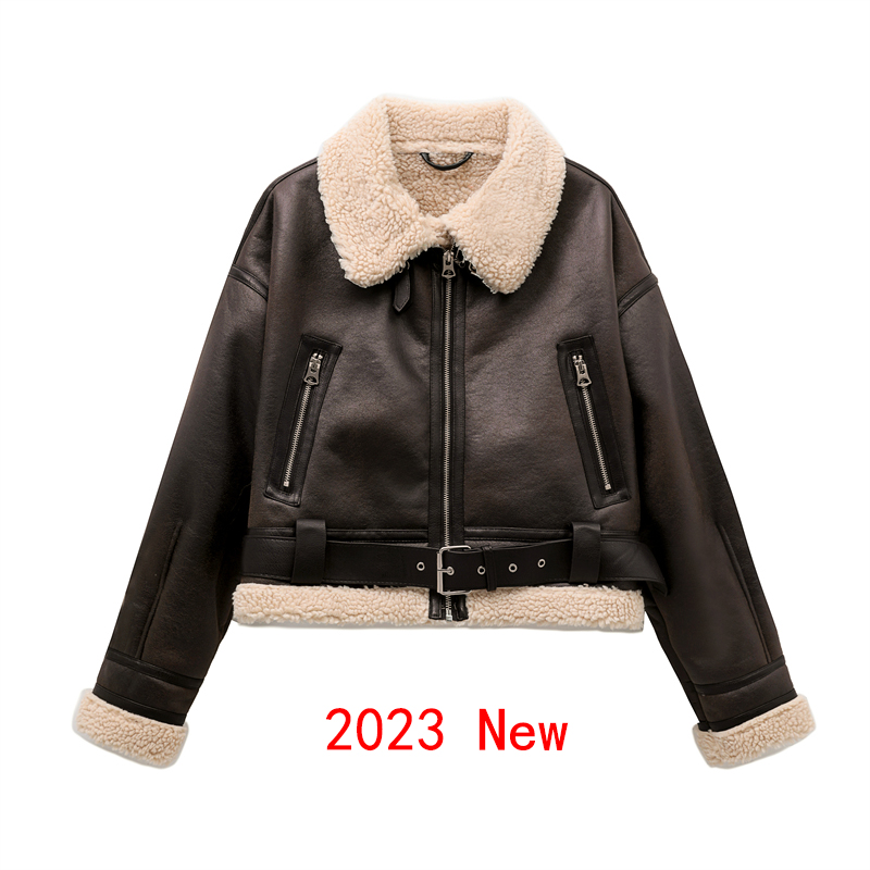 ZVRI 2023 Vrouw Mode Dikke Warme Faux Shearling Jasje Vintage Lange Mouw Riem Zoom Vrouwelijke Outerw: S