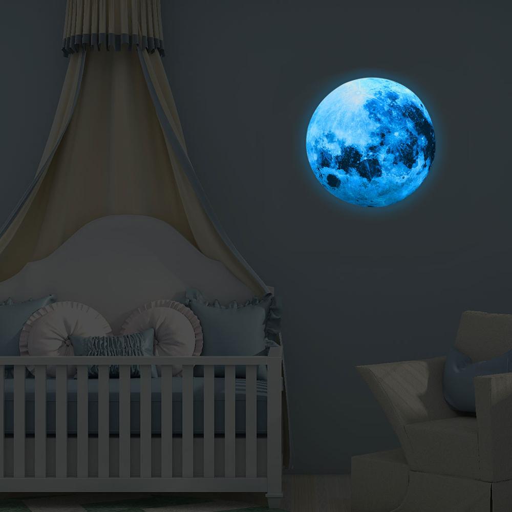 Pegatina de pared de Luna luminosa azul de 30cm, decoración para sala de estar y dormitorio, Mural para fondo de habitación de niños, calcomanías que brillan en la oscuridad para el hogar