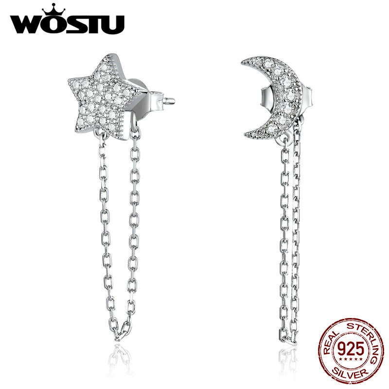 WOSTU Ohrringe 925 Sterling Silber Mond Stern Lange Quaste Kette Ohrringe für Frauen Hochzeit Schmuck CTE385