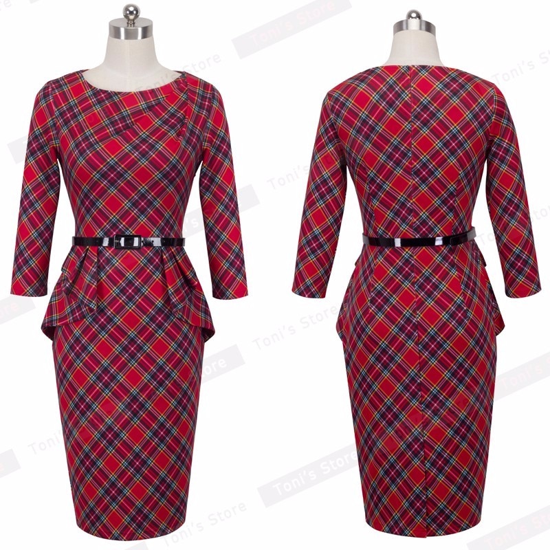 Nice-forever efterår vintage rød plaid peplum kjoler business office bodycon monteret kvinder blyant kjole btyb 267