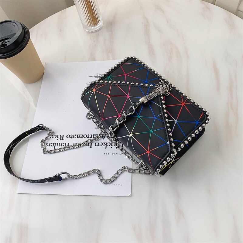 Bolso de charol con patrón de leopardo para mujer, cartera pequeña de cuero PU con cadena de hombro para mujer, monederos y bolsos informales: Colorido