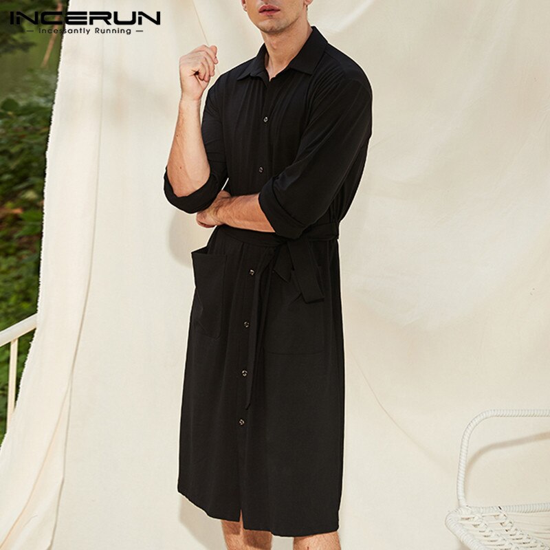 INCERUN Sleepwear Robes Men Long Sleeve Lapel Shirts Homewear Baggy Solid Color Sleep Robe Man Leisure Buttons Bathrobes