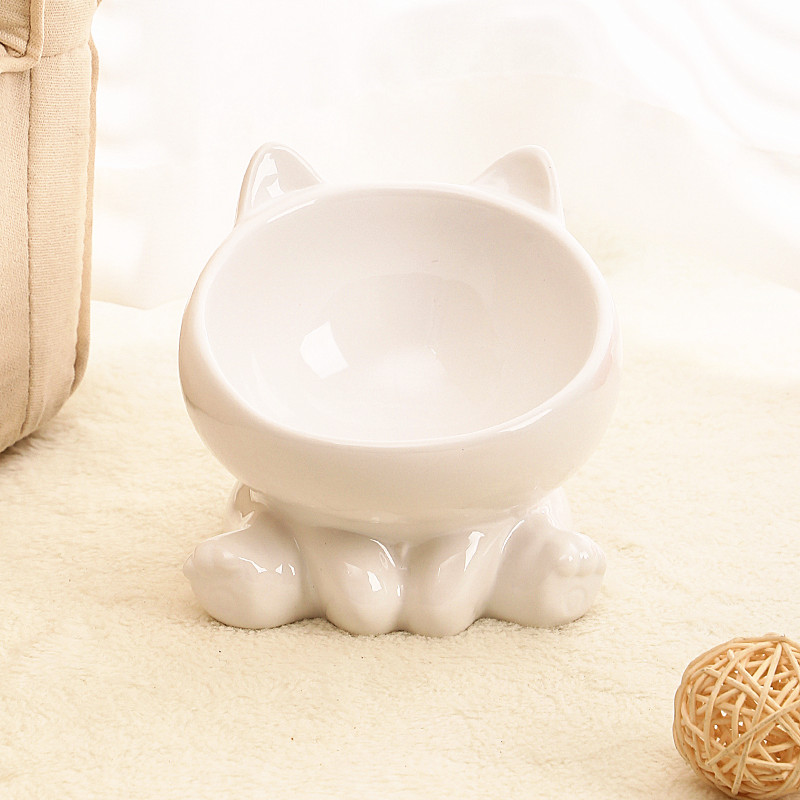 Cat Bowl Integrated Ceramic Diagonal High Feet Cute Protection Cervical Spine Dog Bowl Drinking Cat Bowl Against Black Chin: WHITE