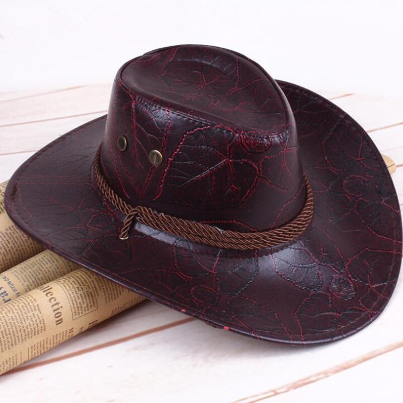 Classical Western Cowboy Hat For Men Women PU Leather Wide Brim Outdoor Jazz Sunhat Adjustable