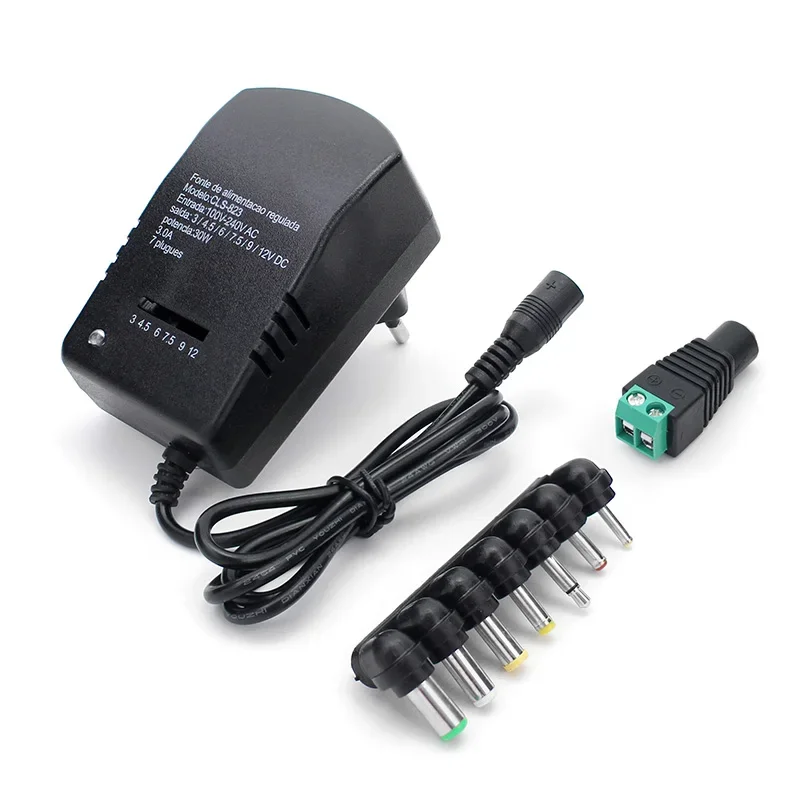 Einstellbares Schaltnetzteil, 12 V Volt-Transformator, AC 220 V auf DC 3 V, 4,5 V, 6 V, 7,5 V, 9 V, 12 V, Stromquelle mit DC-Buchse, 7 Stecker: 180-264VAC