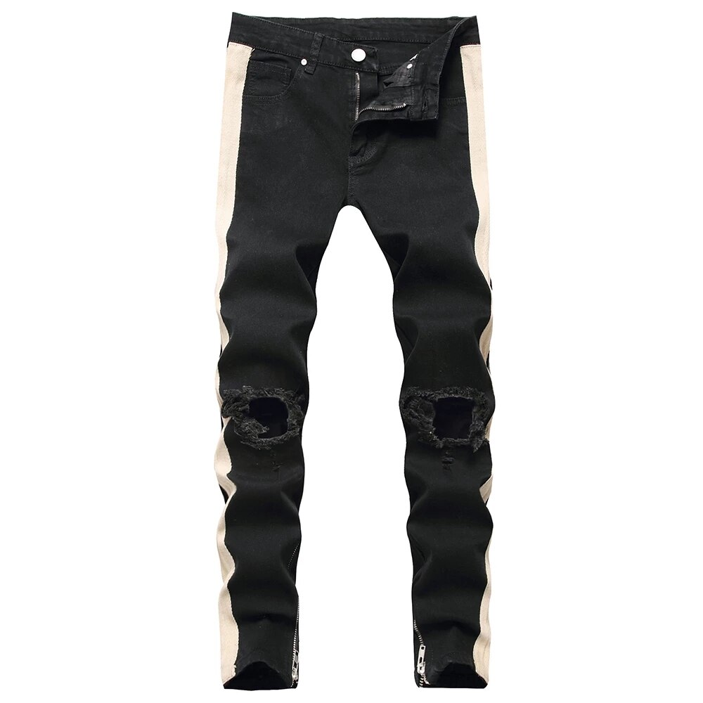 Men&#39;s Male Lines Stripe Big Holes Ripped Jeans Streetwear Zipper Slim Skinny Stretch Denim Pencil Pants Trousers Blue Black: black / 28(S)