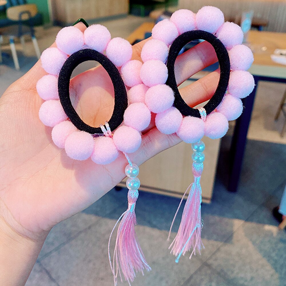 2Pcs Pompom Balls Tassel Elastic Hair Bands for Girls Ponytail Holder Scrunchies Baby Kids Elastic Rubber Band Hair Accessories