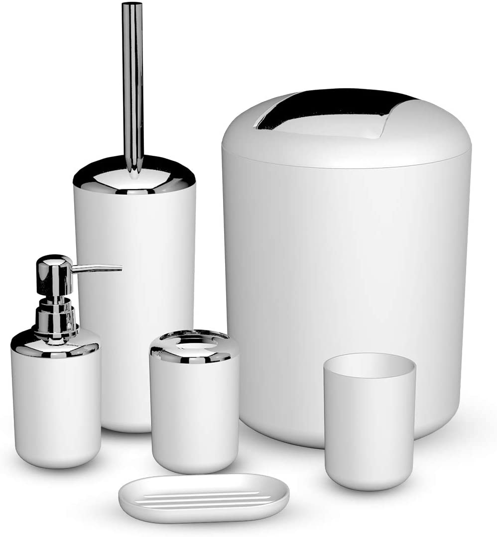 Ensemble d'accessoires de salle de bain, Ensemble d'accessoires de salle de bain, porte-savon, poubelle, brosse de toilette, gobelet, Kit de produits de première nécessité, 6 pièces: White