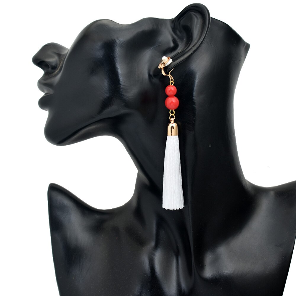 Non Pierced Cotton Silk Tassel Earrings Ear Cuff Earring Bohemia Long Ear Clip Earing Indian Ethnic Jewelry joyas: white