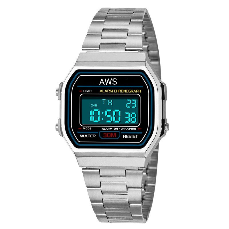 Aws Waterdichte Roestvrij Staal Horloge Unisex Horloge Mannen A158W Rvs Digitale Horloge