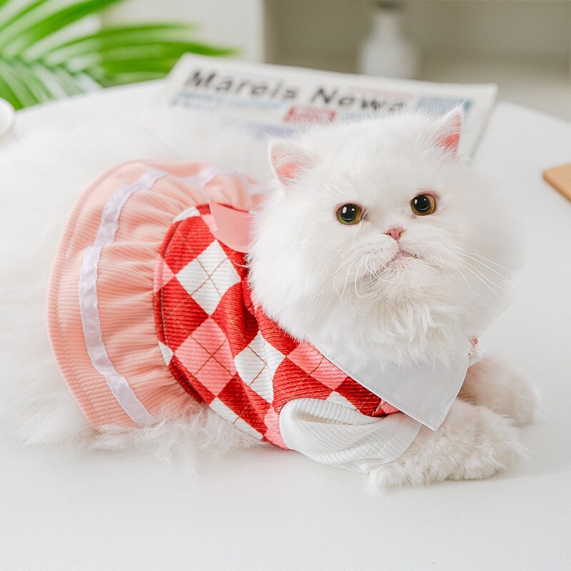 Vêtements de printemps et d&#39;été pour chat, vêtements fins de Style collégien pour Couple, vêtements pour petits chiens et chats, avec nœud à grille, pour chiot et fille