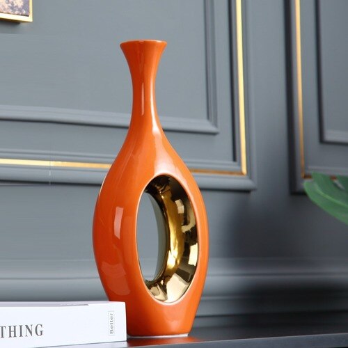 Modern Luxury Orange Phnom Penh Ceramic Vase Living Room Entrance Family Decoration Hollow Flower Vase Home Decoration: L