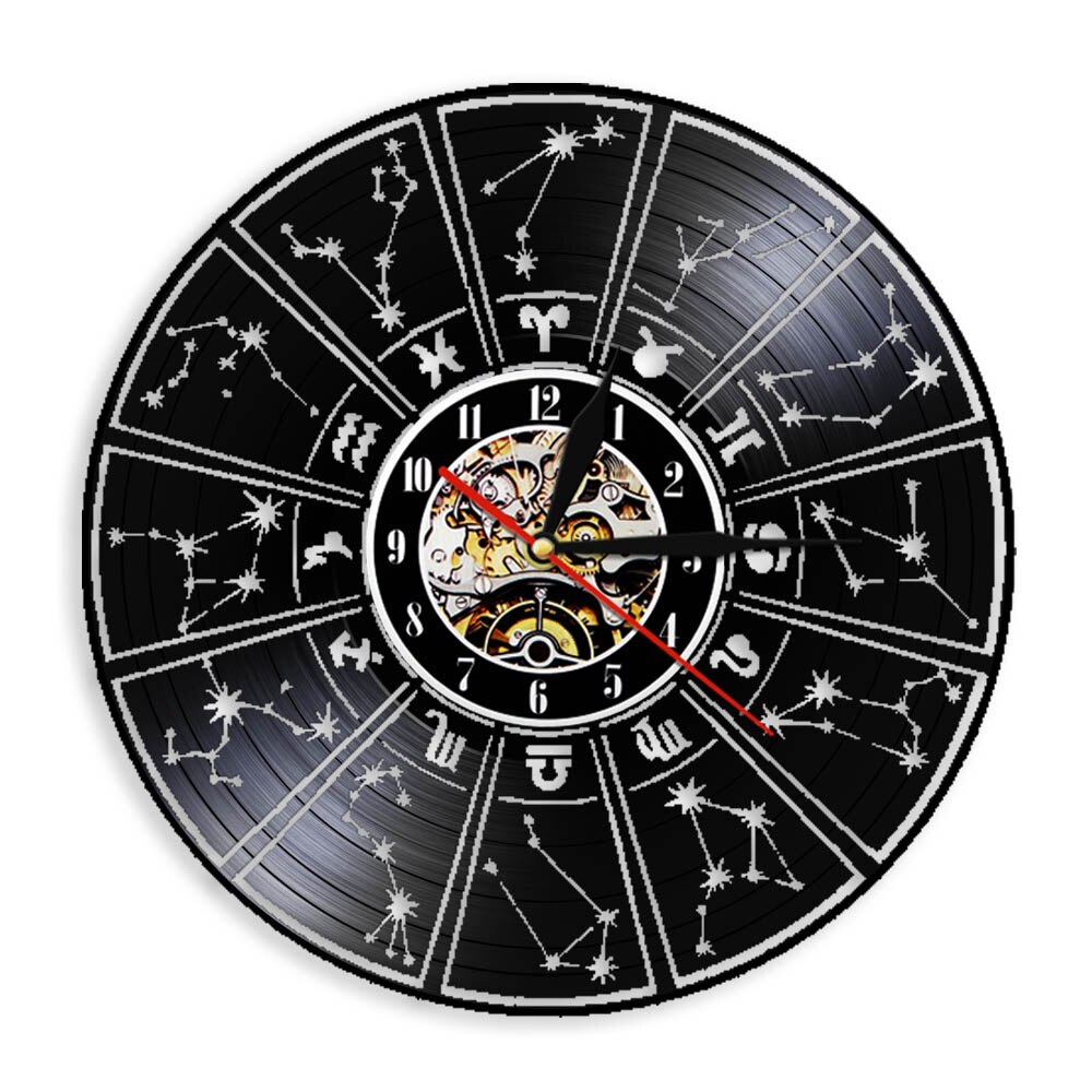 Zodiac Sign Wall Clock Astrology Stars Vinyl Record Wall Clock with Illuminated LED Light Living room Home Decor Zodiac: NO LED Light