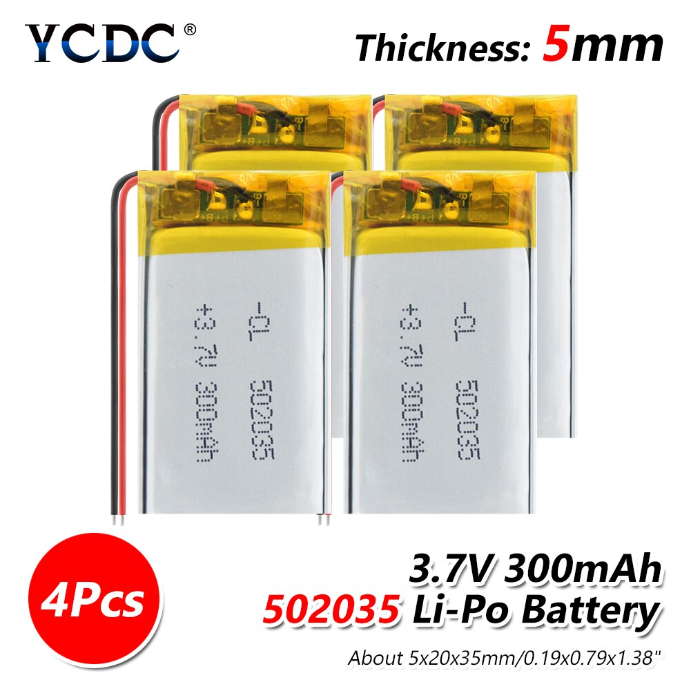 Suministro de batería de litio polímero de litio 502035 300mAh 3,7 V batería recargable para MP3 MP4 MP5 GPS PSP MID Bluetooth auriculares: 4 PCS