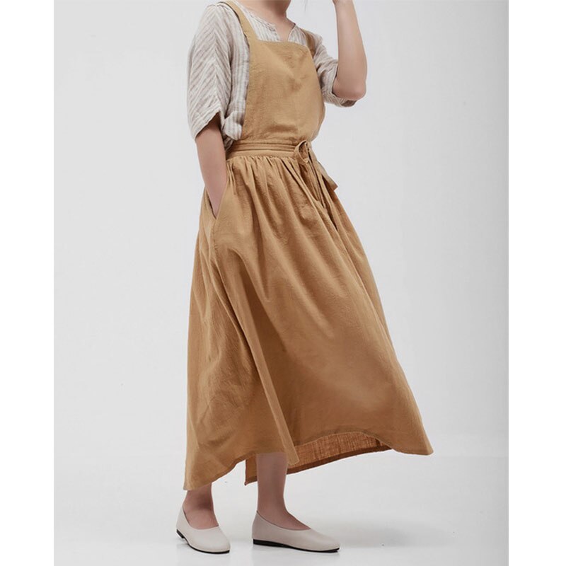 Japanese Apron Pinafore Dress Korean Work Gown Apricot with Long Waist Tie for Women Kitchen Cooking Baking Robe TJ3648: Toffee