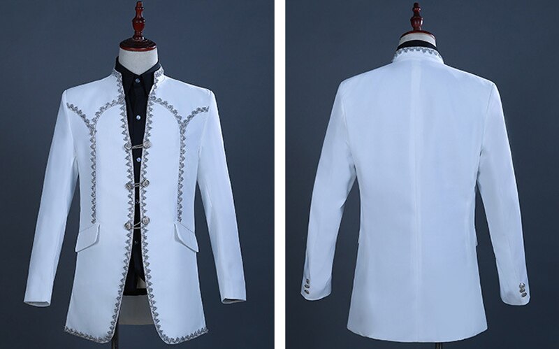 Male Stand Collar Double Breasted Europe Vintage Drama 2 Pieces Dress Suit Brand Slim Fit Prom Weeing Groom Costume Homme White