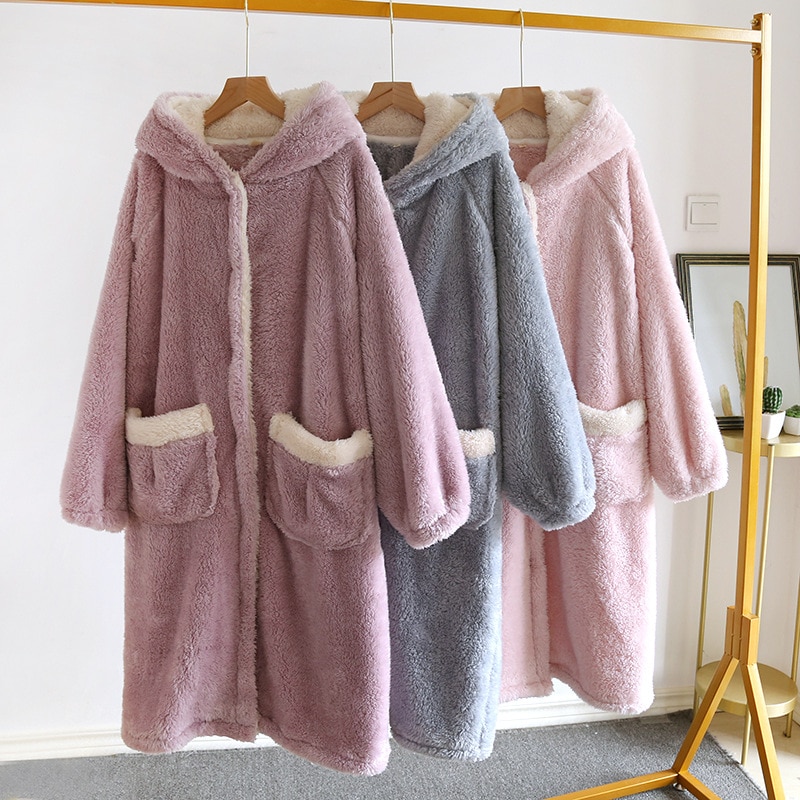 Autumn Winter Thicken Women Warm Soft Flannel Coral Fleece Long Bath Robe Women Bathrobe Dressing Gown Robes