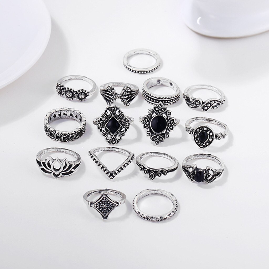 15Pcs Vintage Women Mid Rings Set Flower Crown Hollow Out Joint Knuckle Nail Ring Jewelry rings for women anillos mujer