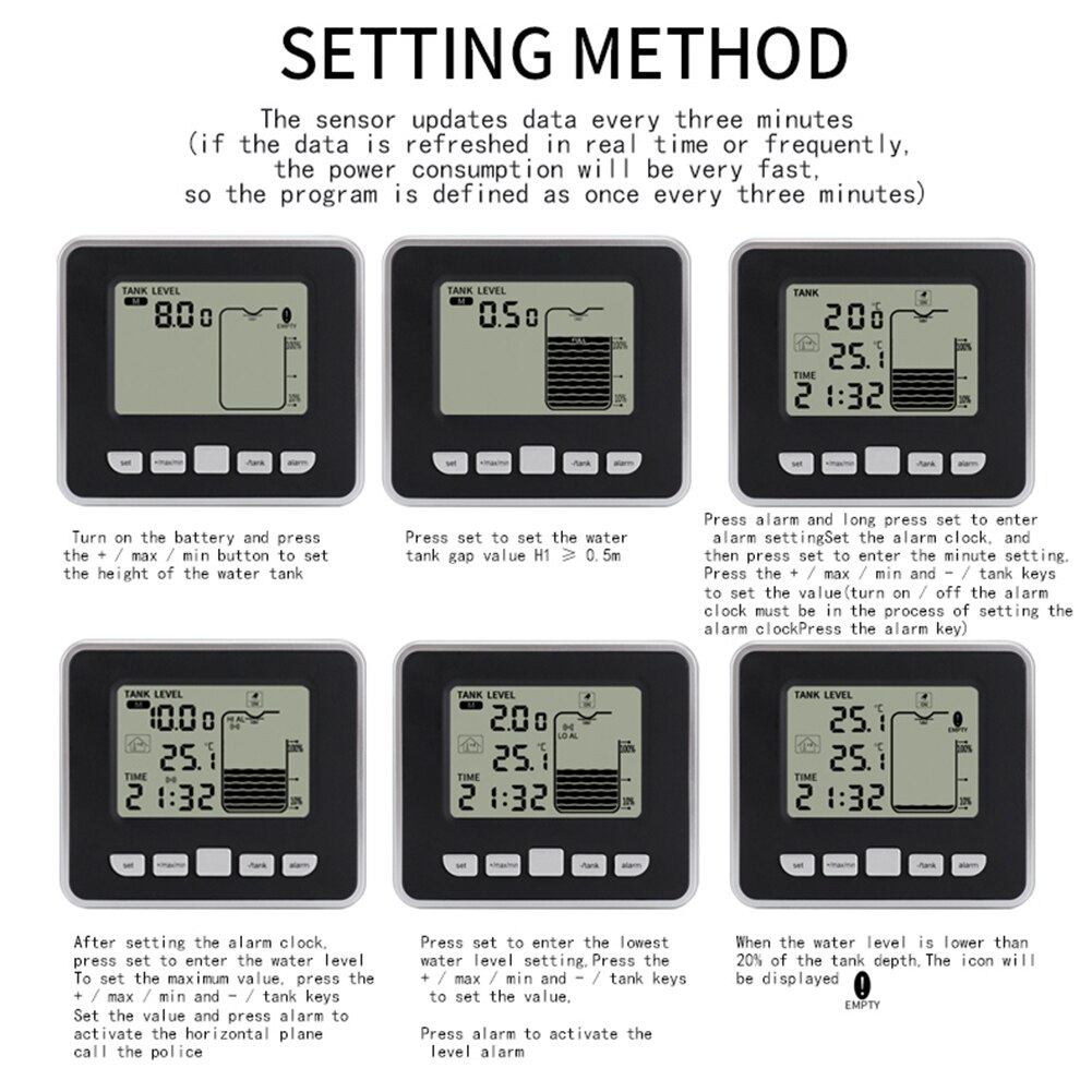 LCD Ultrasonic Water Tank Level Meter Sensor With Time Alarm Transmitter Receiver Liquid Depth Indicator Measuring Tools
