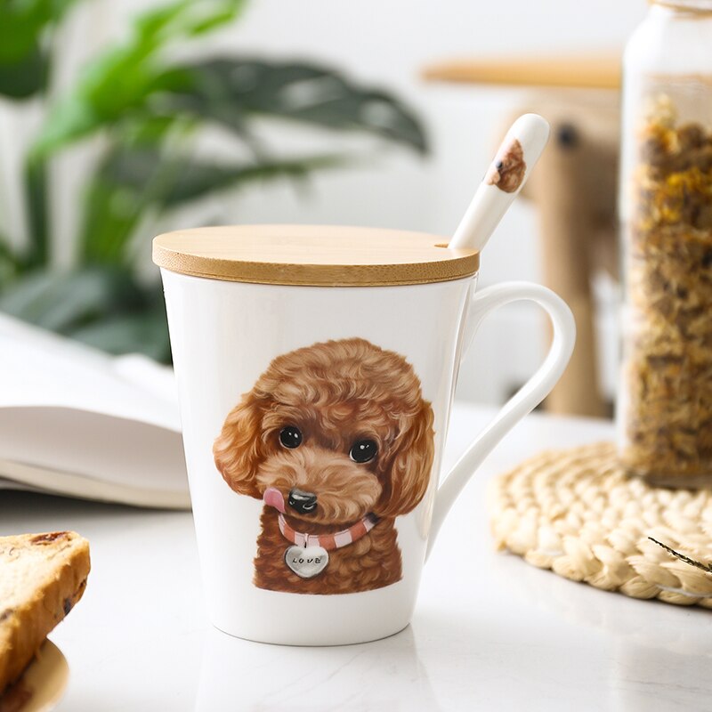 Söt tecknad pudel keramisk kaffekopp stor kapacitet hund mönster mjölkkopp
