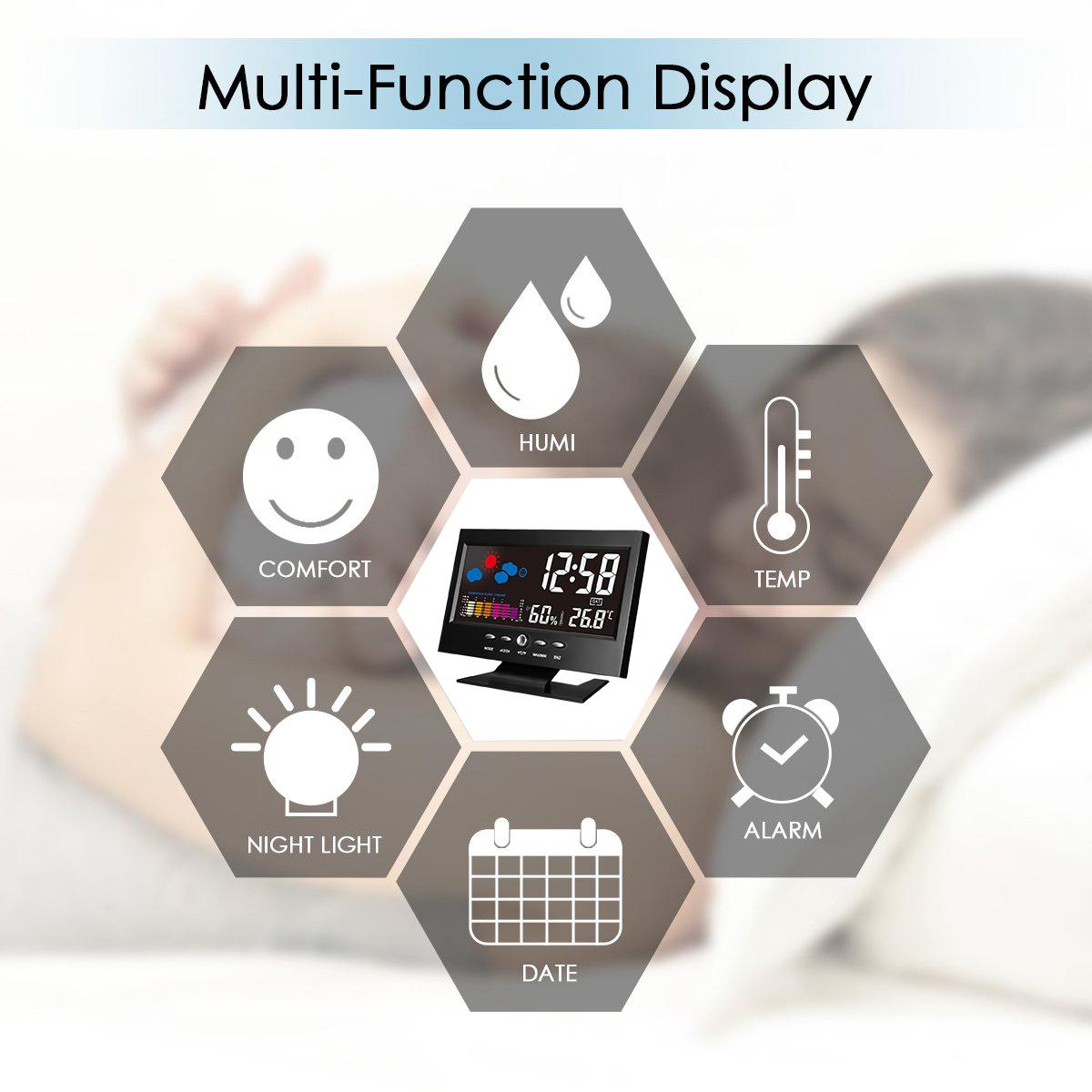 LCD Weather Station Thermometer LCD Color Screen Indoor Temperature Humidity Calendar Humidity/Weather/Snooze Alarm Clock