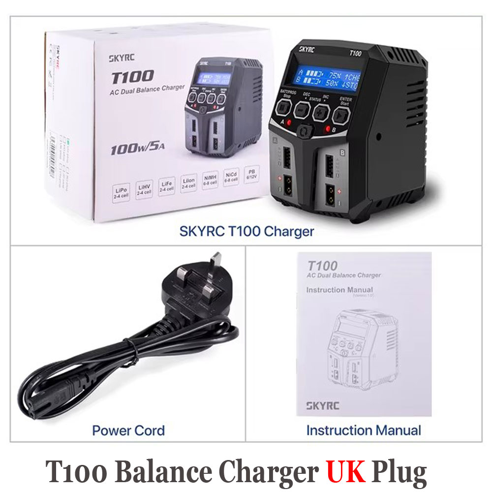 Caricabatterie bilanciato batteria SKYRC T100 AC Lipo Caricatore doppio 5A 2X50W 2-4S per batteria NiMH / NiCd / LiPo / vita / Lilon / LiHV / Pb: Rosso