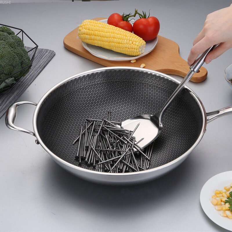 Wok Pan 304 Rvs No-Lampblack Non-stick Met Cover Koken Wok Pan Voor Inductie Kookplaat Gas kachels Kookgerei Platte Potten