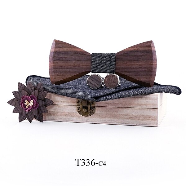 Corbata de lazo Manual madera corbata pañuelo conjunto pajarita de los hombres Grey Color madera hueco tallado y caja de los lazos de los hombres de de boda: T336-C4